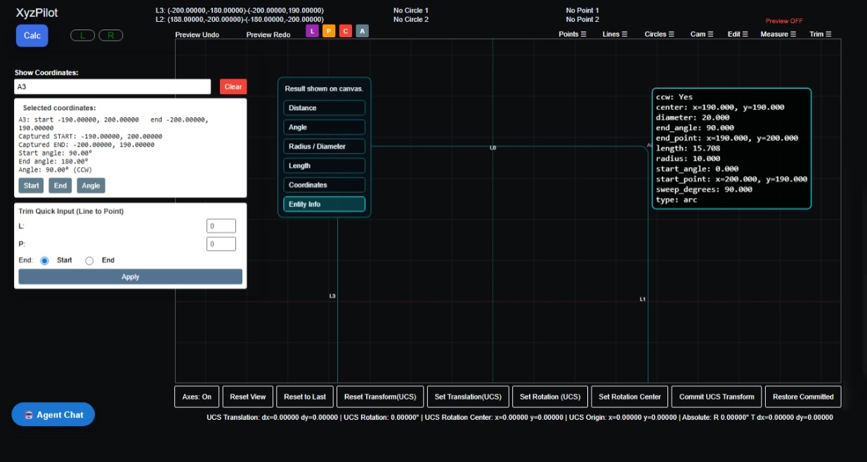 XyzPilot Measure tools — Entity Info panel showing arc properties